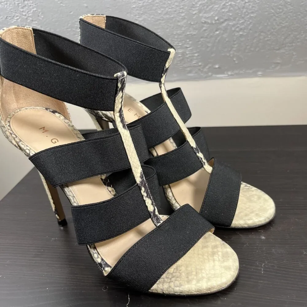 M. Gemi Black/snakeskin Strappy High Heels Sandals Leather Womens Size 38 Europe
